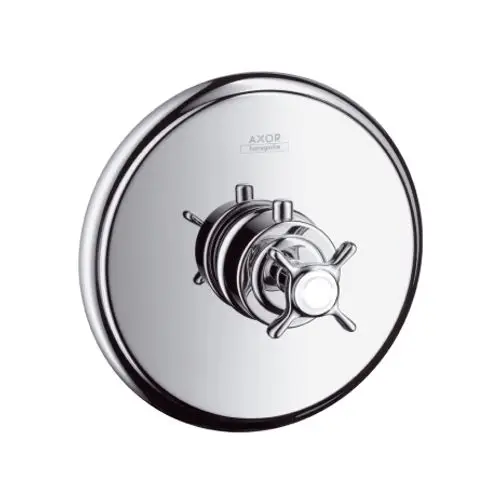 Kreuzgriff-Thermostat mit chromfarbener Oberfläche von AXOR, für die Unterputzmontage geeignet, in rundem Design.